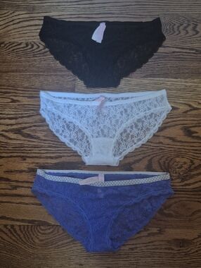 Victoria's Secret Lace Bikini Panty Trio – Black, White & Purple